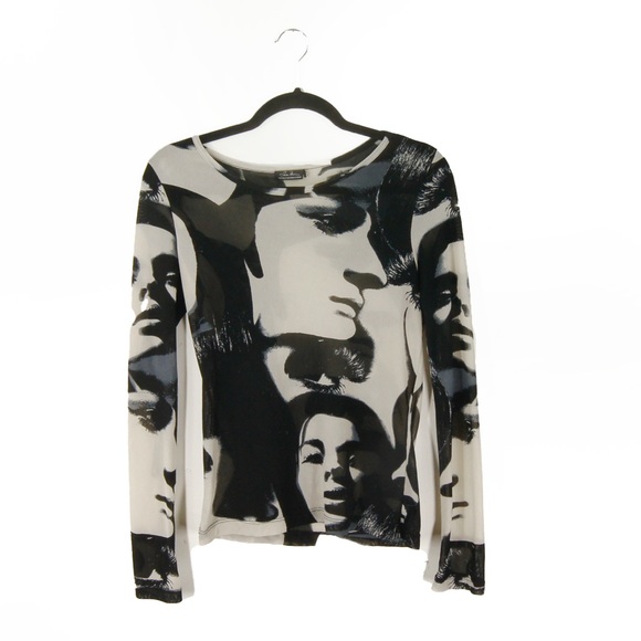 Vintage Tops - Vintage 90s Y2K Digital Face Collage Print Semi Sheer Mesh Long Sleeve Top